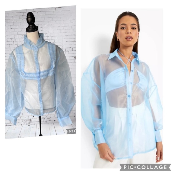 STYLEWE Tops - NEW STYLEWE ORGANZA BLUE SHEER FASHION WIDE BELL SLEEVE RUFFLE TUXEDO BLOUSE